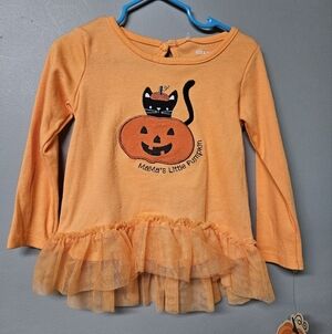 Chick Pea Orange Long Sleeve Tee with Pumpkin and Cat Design